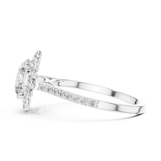 Side Profile: Round Brilliant Diamond Starburst Halo Engagement Ring with Pavé Split Shank in 18K White Gold – Lab Grown – Driona Jewels