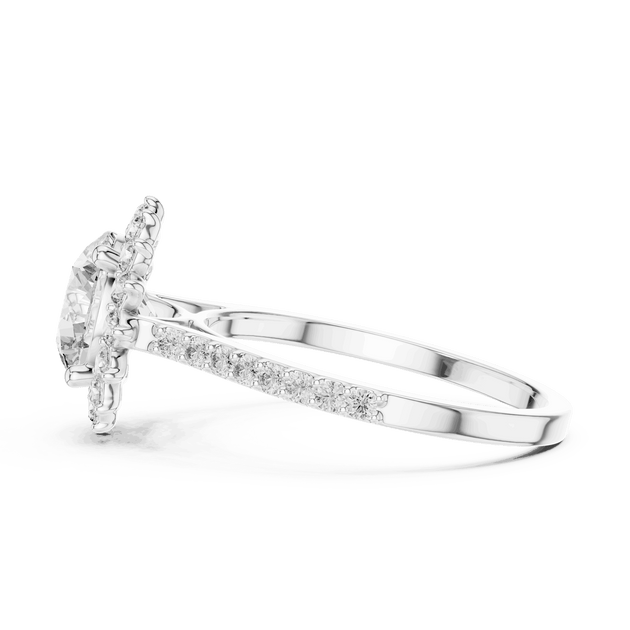 Side Profile: Round Brilliant Diamond Starburst Halo Engagement Ring with Pavé Split Shank in 18K White Gold – Lab Grown – Driona Jewels