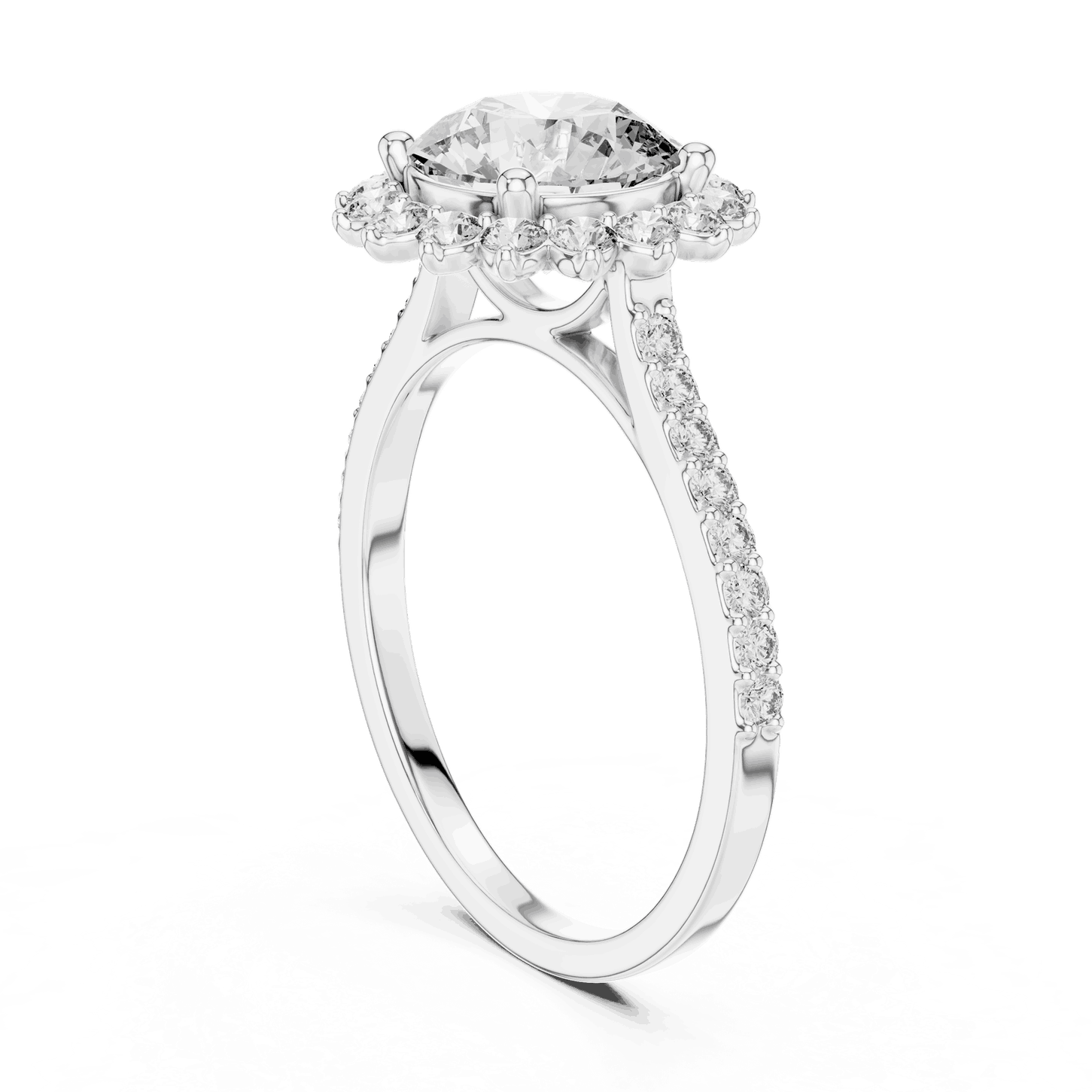 Three-Quarter View: Round Brilliant Diamond Starburst Halo Engagement Ring with Pavé Split Shank in 18K White Gold – Lab Grown – Driona Jewels