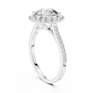 Three-Quarter View: Round Brilliant Diamond Starburst Halo Engagement Ring with Pavé Split Shank in 18K White Gold – Lab Grown – Driona Jewels