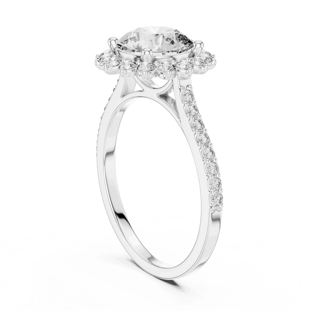 Three-Quarter View: Round Brilliant Diamond Starburst Halo Engagement Ring with Pavé Split Shank in 18K White Gold – Lab Grown – Driona Jewels