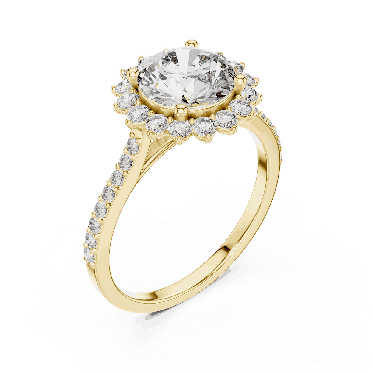 Angle View: Round Brilliant Diamond Starburst Halo Engagement Ring with Pavé Split Shank in 18K Yellow Gold – Lab Grown – Driona Jewels