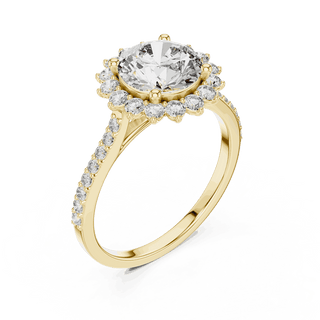 Angle View: Round Brilliant Diamond Starburst Halo Engagement Ring with Pavé Split Shank in 18K Yellow Gold – Lab Grown – Driona Jewels