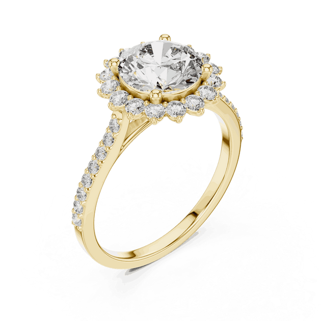Angle View: Round Brilliant Diamond Starburst Halo Engagement Ring with Pavé Split Shank in 18K Yellow Gold – Lab Grown – Driona Jewels