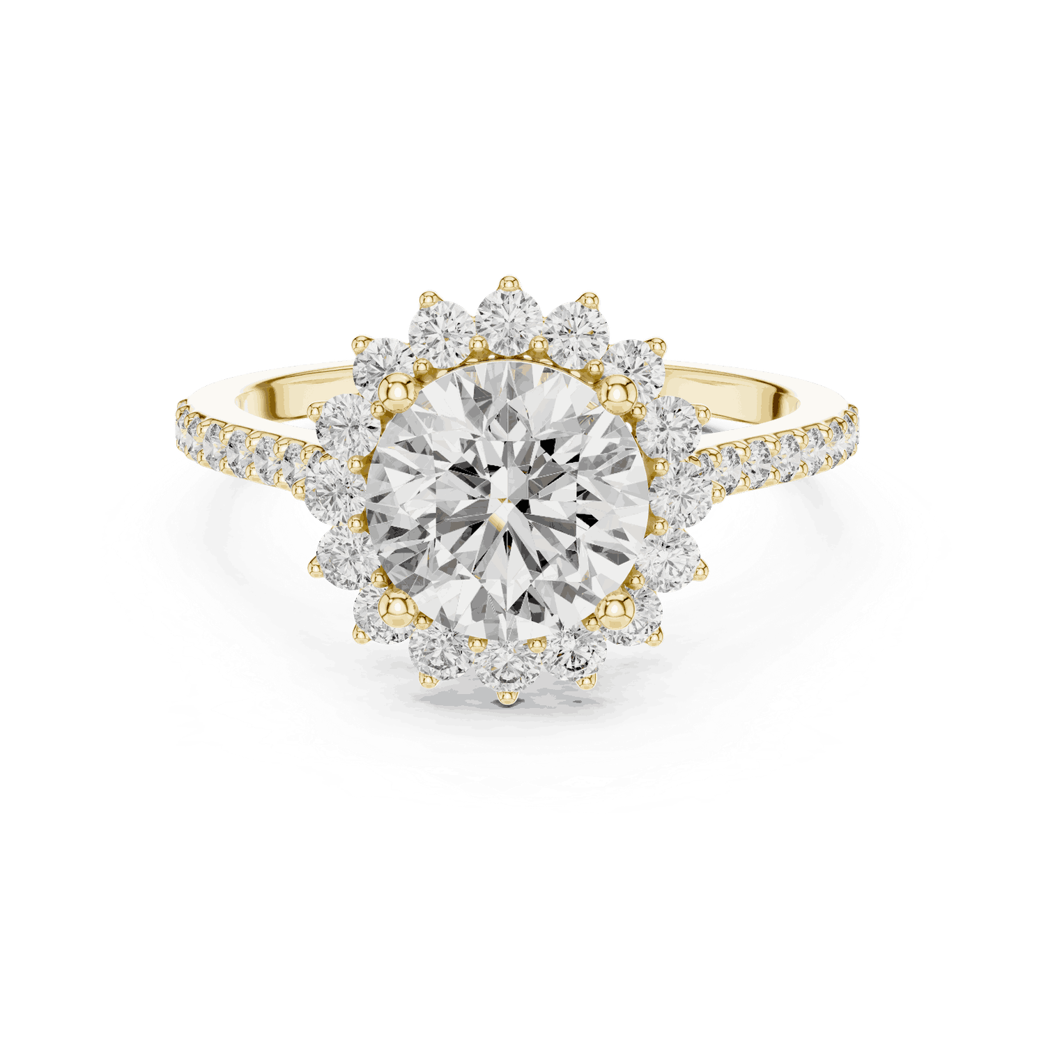 Front View: Round Brilliant Diamond Starburst Halo Engagement Ring with Pavé Split Shank in 18K Yellow Gold – Lab Grown – Driona Jewels