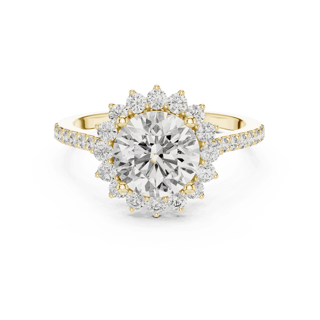 Front View: Round Brilliant Diamond Starburst Halo Engagement Ring with Pavé Split Shank in 18K Yellow Gold – Lab Grown – Driona Jewels