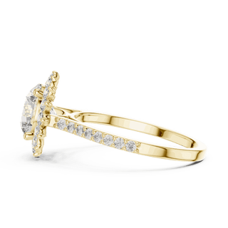Side Profile: Round Brilliant Diamond Starburst Halo Engagement Ring with Pavé Split Shank in 18K Yellow Gold – Lab Grown – Driona Jewels