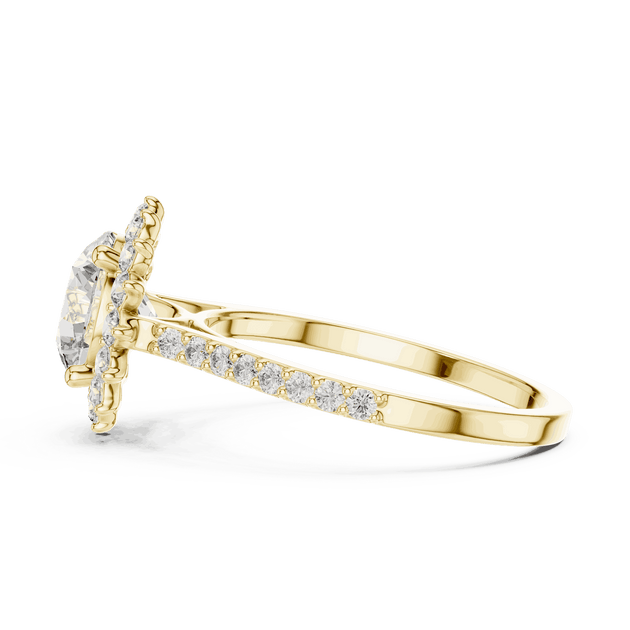 Side Profile: Round Brilliant Diamond Starburst Halo Engagement Ring with Pavé Split Shank in 18K Yellow Gold – Lab Grown – Driona Jewels