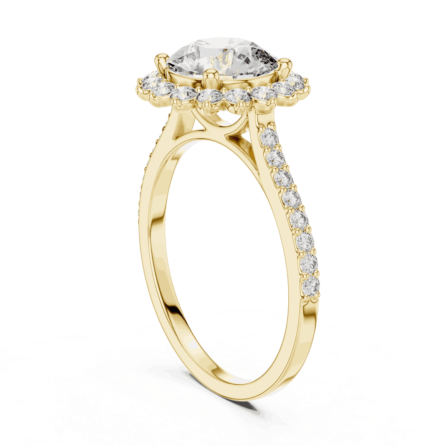 Three-Quarter View: Round Brilliant Diamond Starburst Halo Engagement Ring with Pavé Split Shank in 18K Yellow Gold – Lab Grown – Driona Jewels