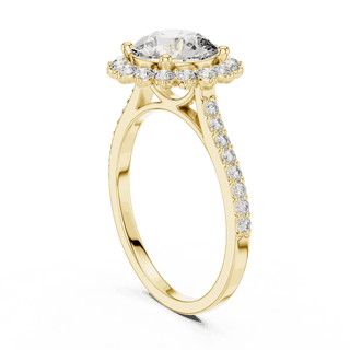 Three-Quarter View: Round Brilliant Diamond Starburst Halo Engagement Ring with Pavé Split Shank in 18K Yellow Gold – Lab Grown – Driona Jewels