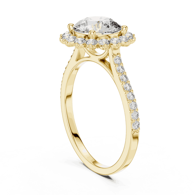 Three-Quarter View: Round Brilliant Diamond Starburst Halo Engagement Ring with Pavé Split Shank in 18K Yellow Gold – Lab Grown – Driona Jewels
