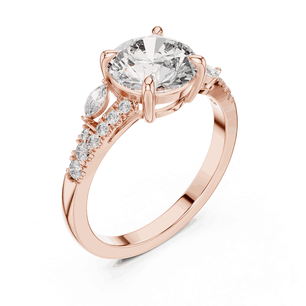 Angle View: Round Brilliant Diamond Three-Stone Engagement Ring with Marquise Side Stones in 18K Rose Gold – Lab Grown – Driona Jewels