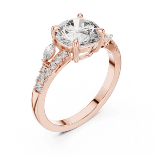 Angle View: Round Brilliant Diamond Three-Stone Engagement Ring with Marquise Side Stones in 18K Rose Gold – Lab Grown – Driona Jewels