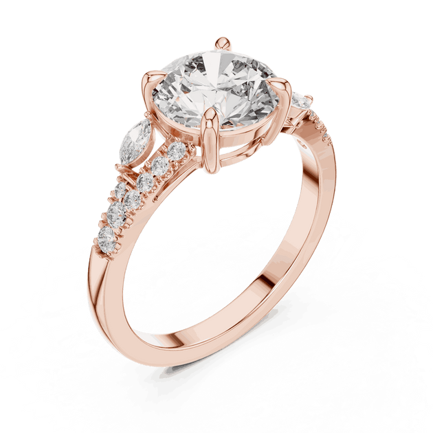 Angle View: Round Brilliant Diamond Three-Stone Engagement Ring with Marquise Side Stones in 18K Rose Gold – Lab Grown – Driona Jewels