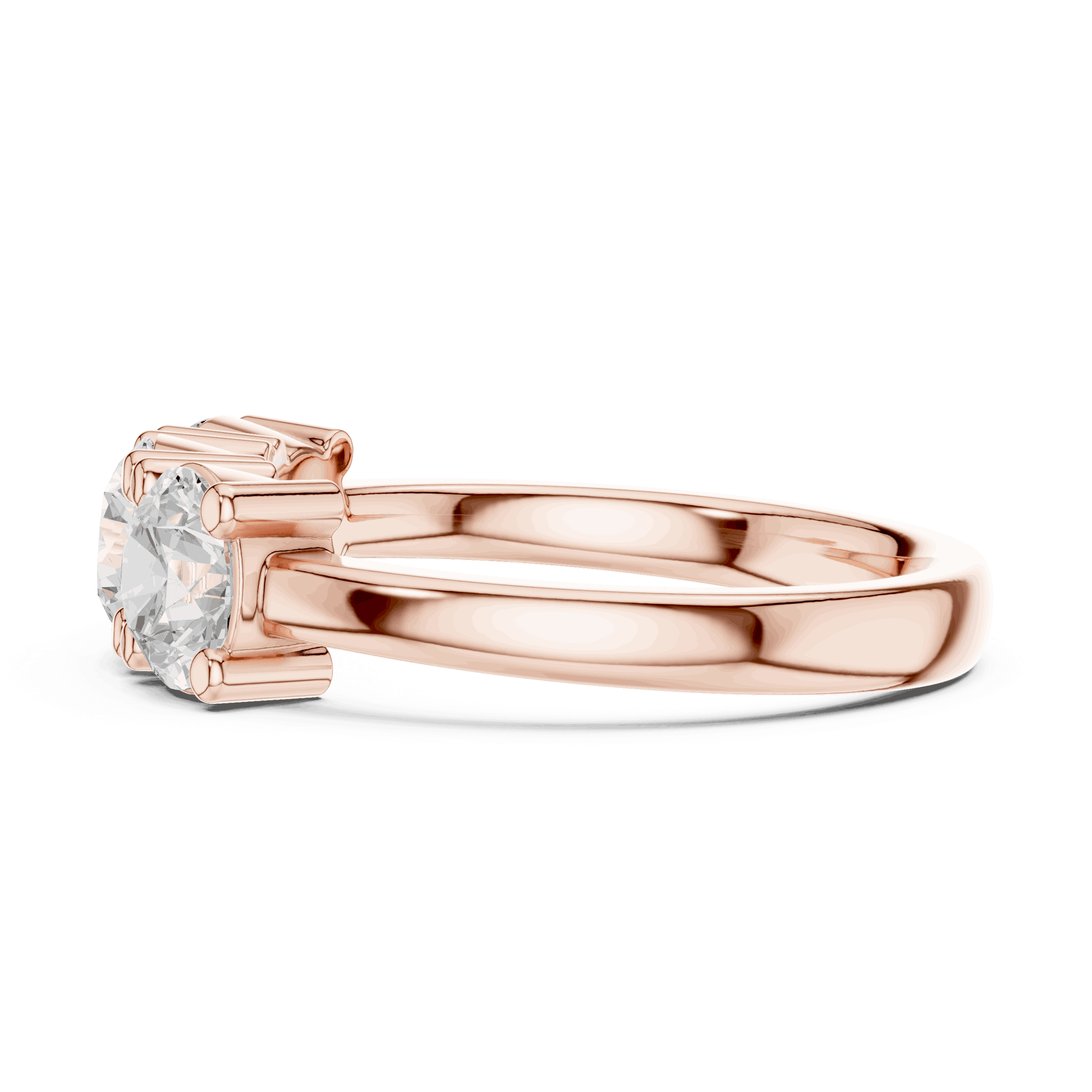 Back View: Round Brilliant Diamond Three-Stone Engagement Ring in 18K Rose Gold – Lab Grown – Driona Jewels