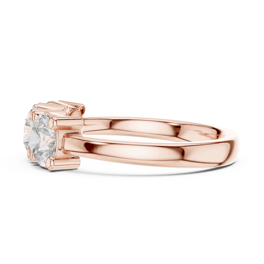 Back View: Round Brilliant Diamond Three-Stone Engagement Ring in 18K Rose Gold – Lab Grown – Driona Jewels