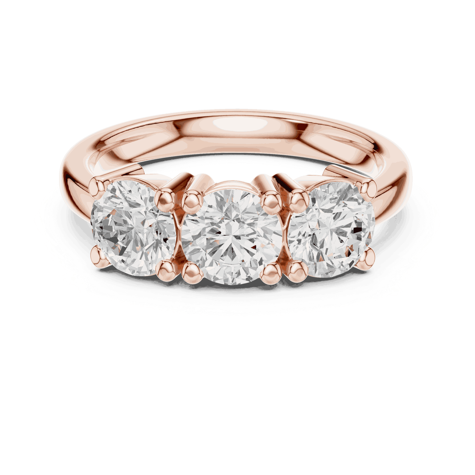Front View: Round Brilliant Diamond Three-Stone Engagement Ring with Marquise Side Stones in 18K Rose Gold – Lab Grown – Driona Jewels