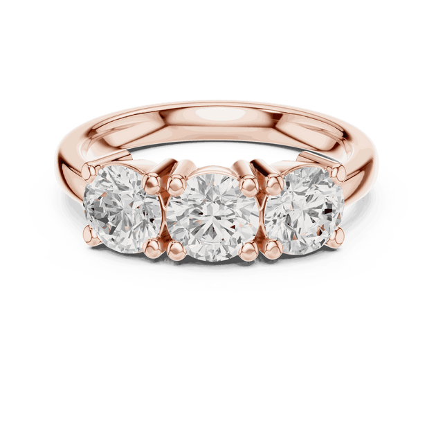 Front View: Round Brilliant Diamond Three-Stone Engagement Ring with Marquise Side Stones in 18K Rose Gold – Lab Grown – Driona Jewels