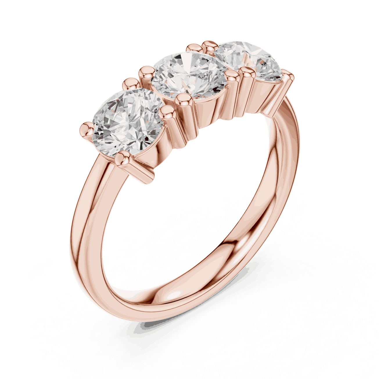 Three-Quarter View: Round Brilliant Diamond Three-Stone Engagement Ring with Marquise Side Stones in 18K Rose Gold – Lab Grown – Driona Jewels