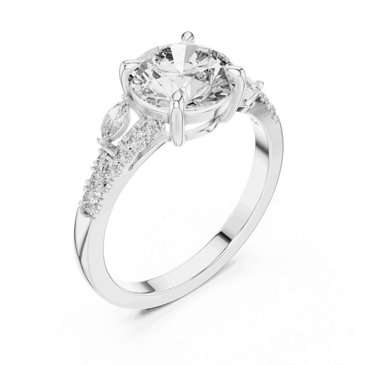 Angle View: Round Brilliant Diamond Three-Stone Engagement Ring with Marquise Side Stones in 18K White Gold – Lab Grown – Driona Jewels
