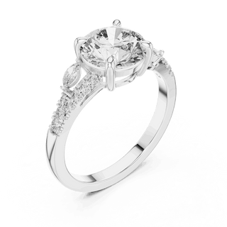 Angle View: Round Brilliant Diamond Three-Stone Engagement Ring with Marquise Side Stones in 18K White Gold – Lab Grown – Driona Jewels