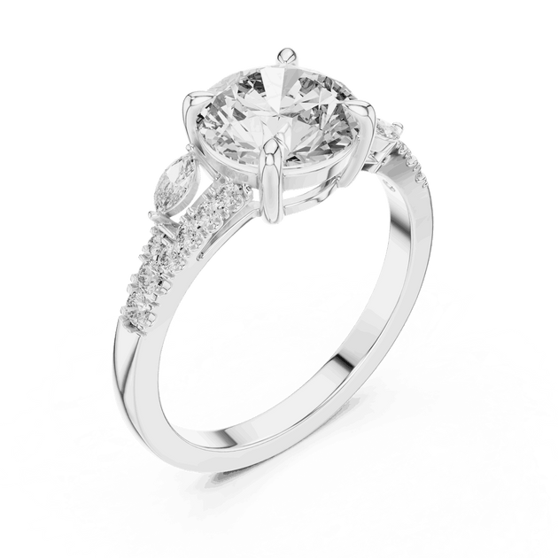 Angle View: Round Brilliant Diamond Three-Stone Engagement Ring with Marquise Side Stones in 18K White Gold – Lab Grown – Driona Jewels