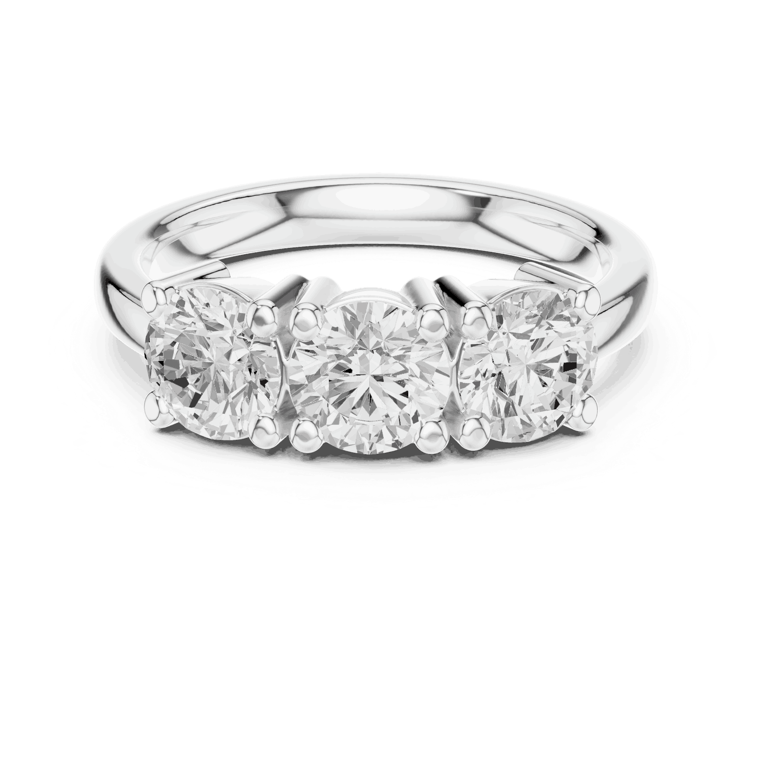 Front View: Round Brilliant Diamond Three-Stone Engagement Ring with Marquise Side Stones in 18K White Gold – Lab Grown – Driona Jewels
