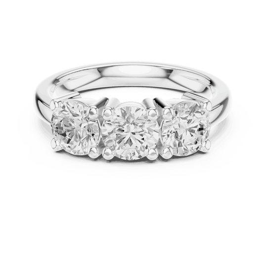 Front View: Round Brilliant Diamond Three-Stone Engagement Ring with Marquise Side Stones in 18K White Gold – Lab Grown – Driona Jewels