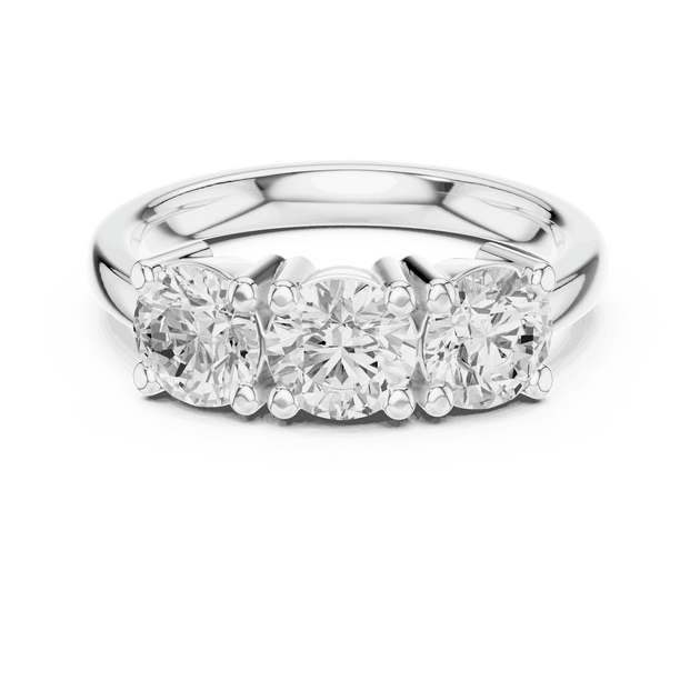 Front View: Round Brilliant Diamond Three-Stone Engagement Ring with Marquise Side Stones in 18K White Gold – Lab Grown – Driona Jewels
