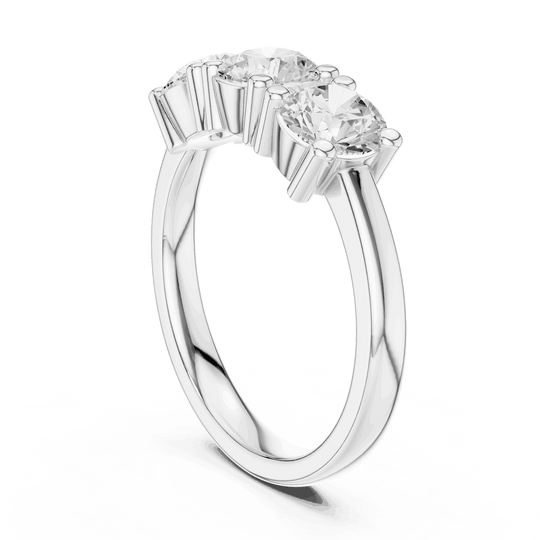 Side Profile: Round Brilliant Diamond Three-Stone Engagement Ring with Marquise Side Stones in 18K White Gold – Lab Grown – Driona Jewels