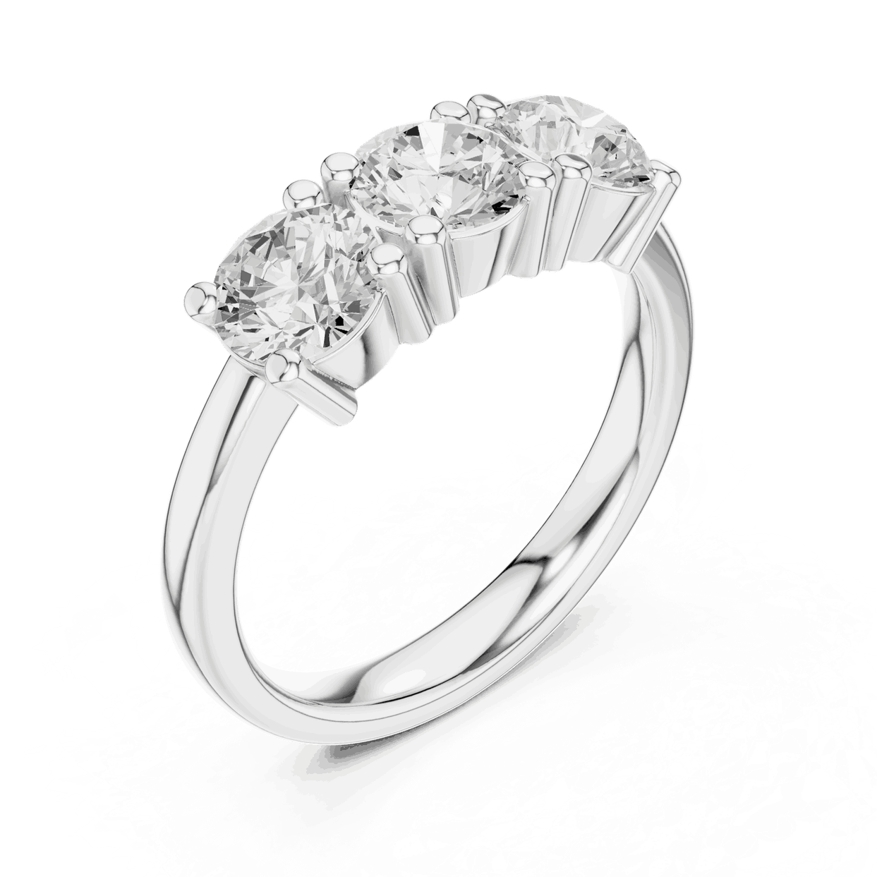 Three-Quarter View: Round Brilliant Diamond Three-Stone Engagement Ring with Marquise Side Stones in 18K White Gold – Lab Grown – Driona Jewels