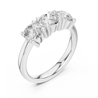 Three-Quarter View: Round Brilliant Diamond Three-Stone Engagement Ring with Marquise Side Stones in 18K White Gold – Lab Grown – Driona Jewels