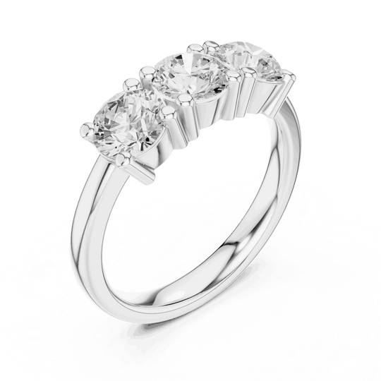 Three-Quarter View: Round Brilliant Diamond Three-Stone Engagement Ring with Marquise Side Stones in 18K White Gold – Lab Grown – Driona Jewels