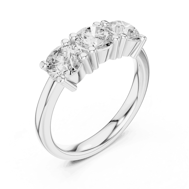 Three-Quarter View: Round Brilliant Diamond Three-Stone Engagement Ring with Marquise Side Stones in 18K White Gold – Lab Grown – Driona Jewels