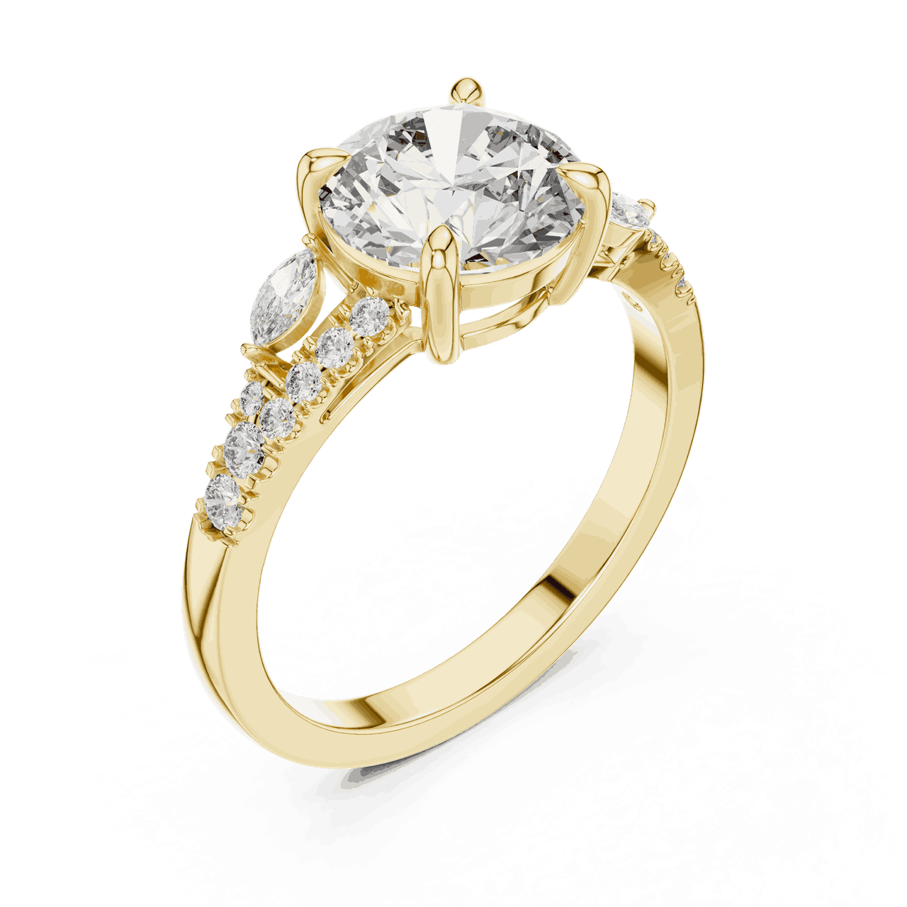 Angle View: Round Brilliant Diamond Three-Stone Engagement Ring with Marquise Side Stones in 18K Yellow Gold – Lab Grown – Driona Jewels