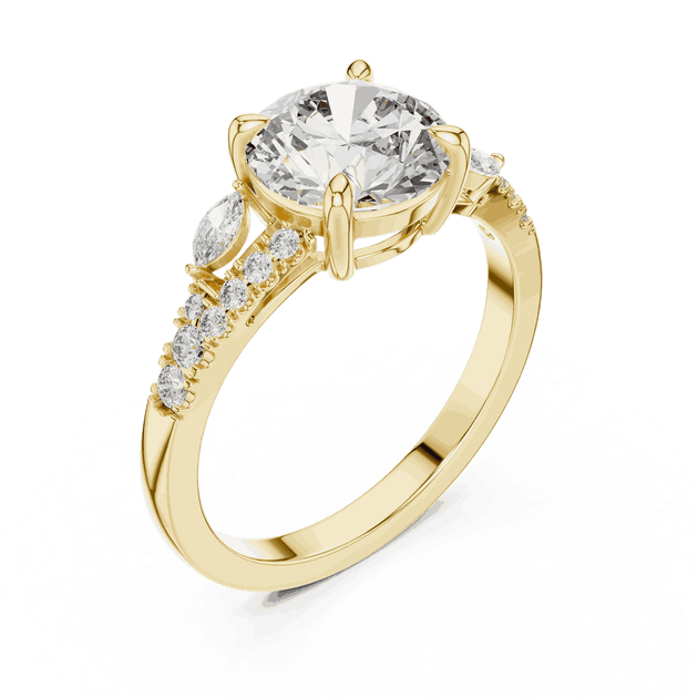 Angle View: Round Brilliant Diamond Three-Stone Engagement Ring with Marquise Side Stones in 18K Yellow Gold – Lab Grown – Driona Jewels