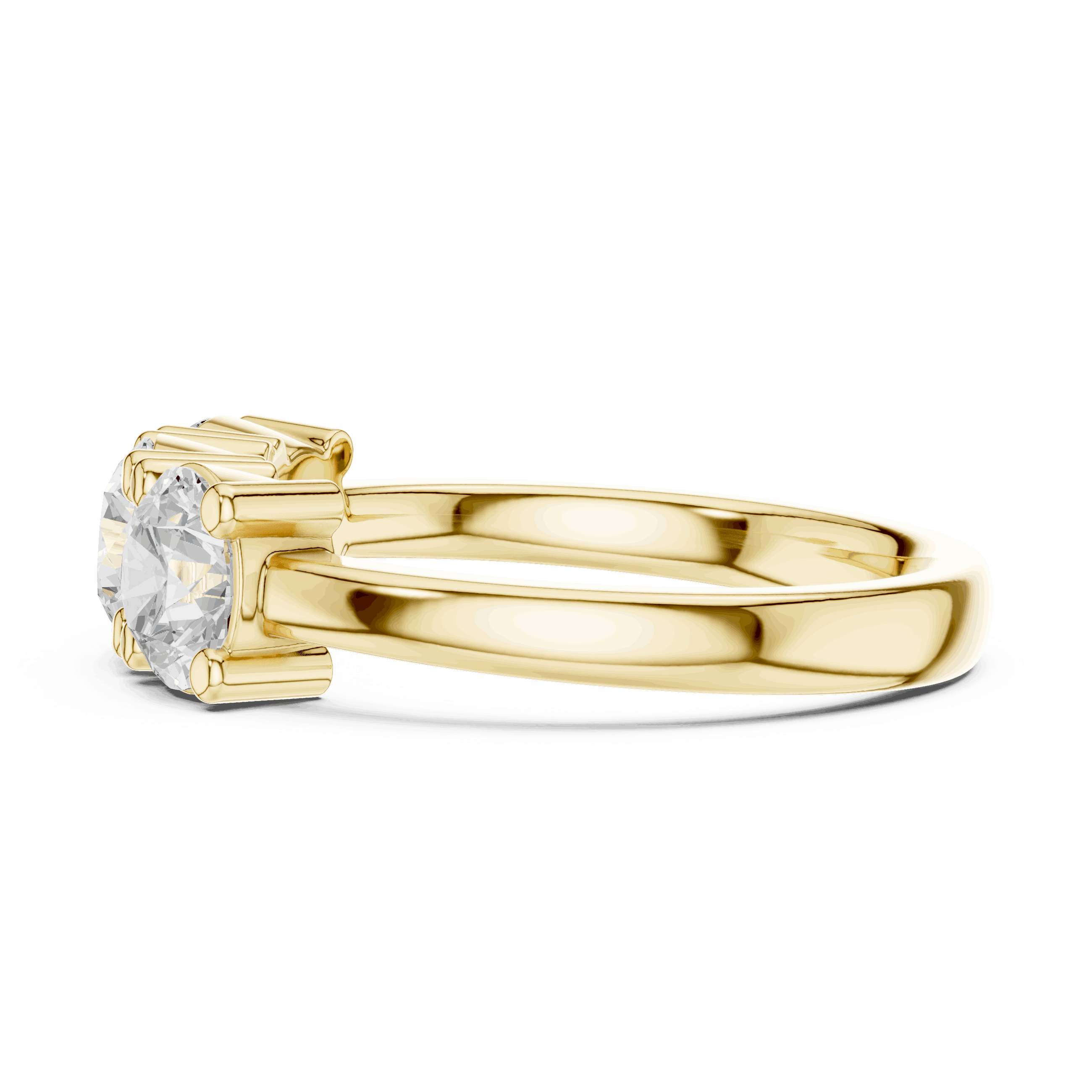 Back View: Round Brilliant Diamond Three-Stone Engagement Ring in 18K Yellow Gold – Lab Grown – Driona Jewels