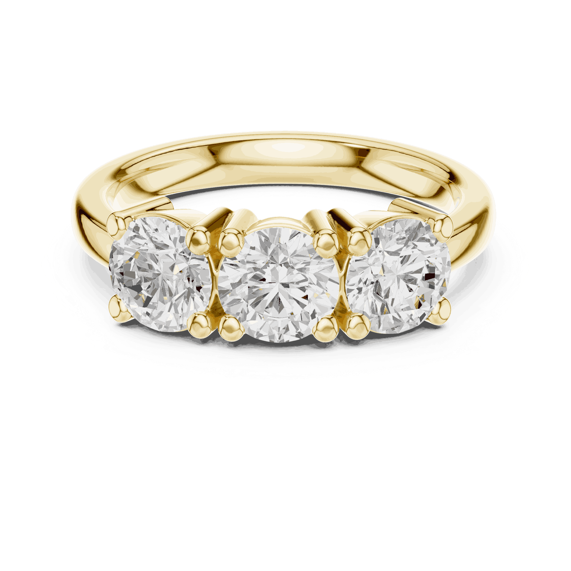 Front View: Round Brilliant Diamond Three-Stone Engagement Ring with Marquise Side Stones in 18K Yellow Gold – Lab Grown – Driona Jewels