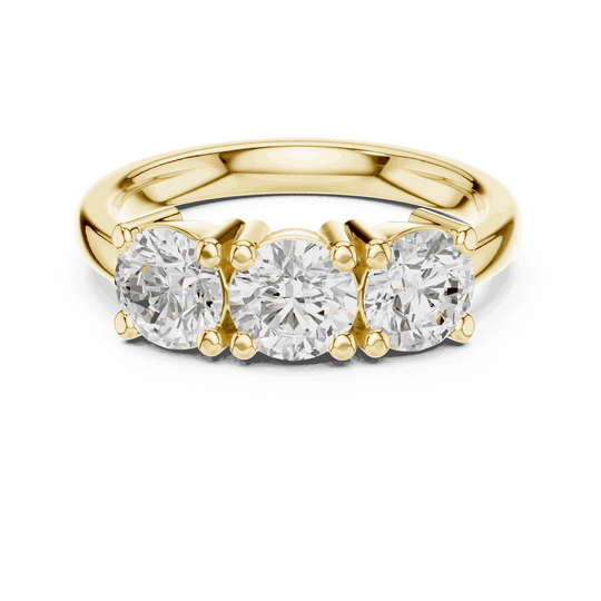 Front View: Round Brilliant Diamond Three-Stone Engagement Ring with Marquise Side Stones in 18K Yellow Gold – Lab Grown – Driona Jewels
