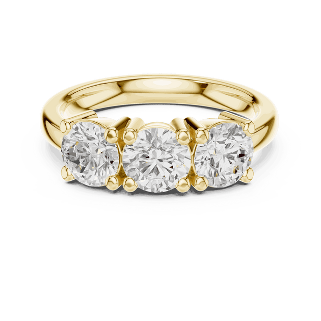 Front View: Round Brilliant Diamond Three-Stone Engagement Ring with Marquise Side Stones in 18K Yellow Gold – Lab Grown – Driona Jewels