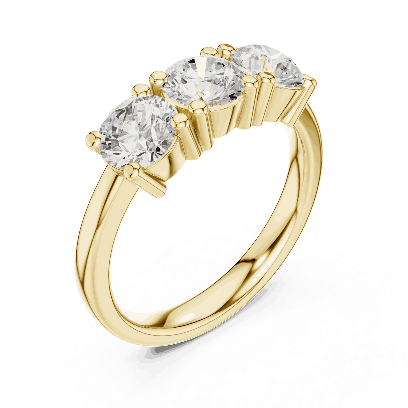 Three-Quarter View: Round Brilliant Diamond Three-Stone Engagement Ring with Marquise Side Stones in 18K Yellow Gold – Lab Grown – Driona Jewels