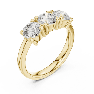Three-Quarter View: Round Brilliant Diamond Three-Stone Engagement Ring with Marquise Side Stones in 18K Yellow Gold – Lab Grown – Driona Jewels