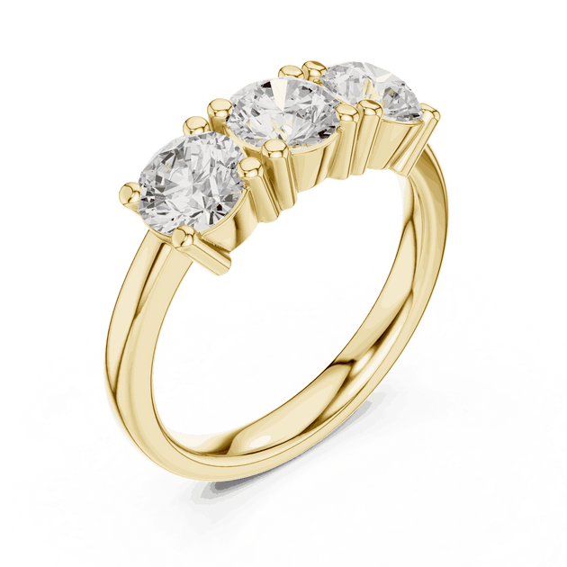 Three-Quarter View: Round Brilliant Diamond Three-Stone Engagement Ring with Marquise Side Stones in 18K Yellow Gold – Lab Grown – Driona Jewels
