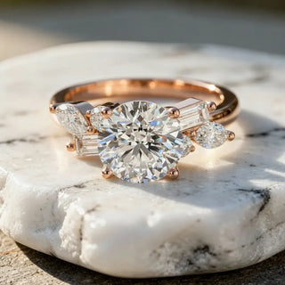 Front-view: Round Diamond Engagement Ring with Three-Stone Setting in 14k Rose Gold - Lab Grown - Driona Jewels