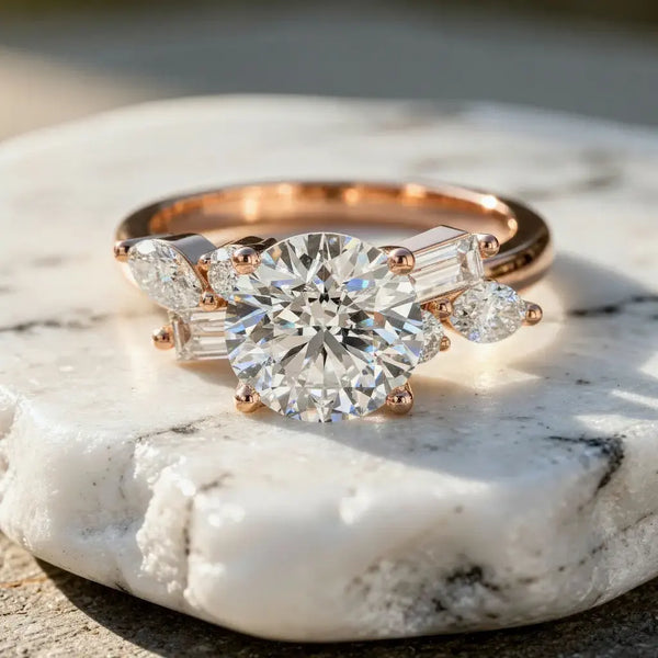 Front-view: Round Diamond Engagement Ring with Three-Stone Setting in 14k Rose Gold - Lab Grown - Driona Jewels