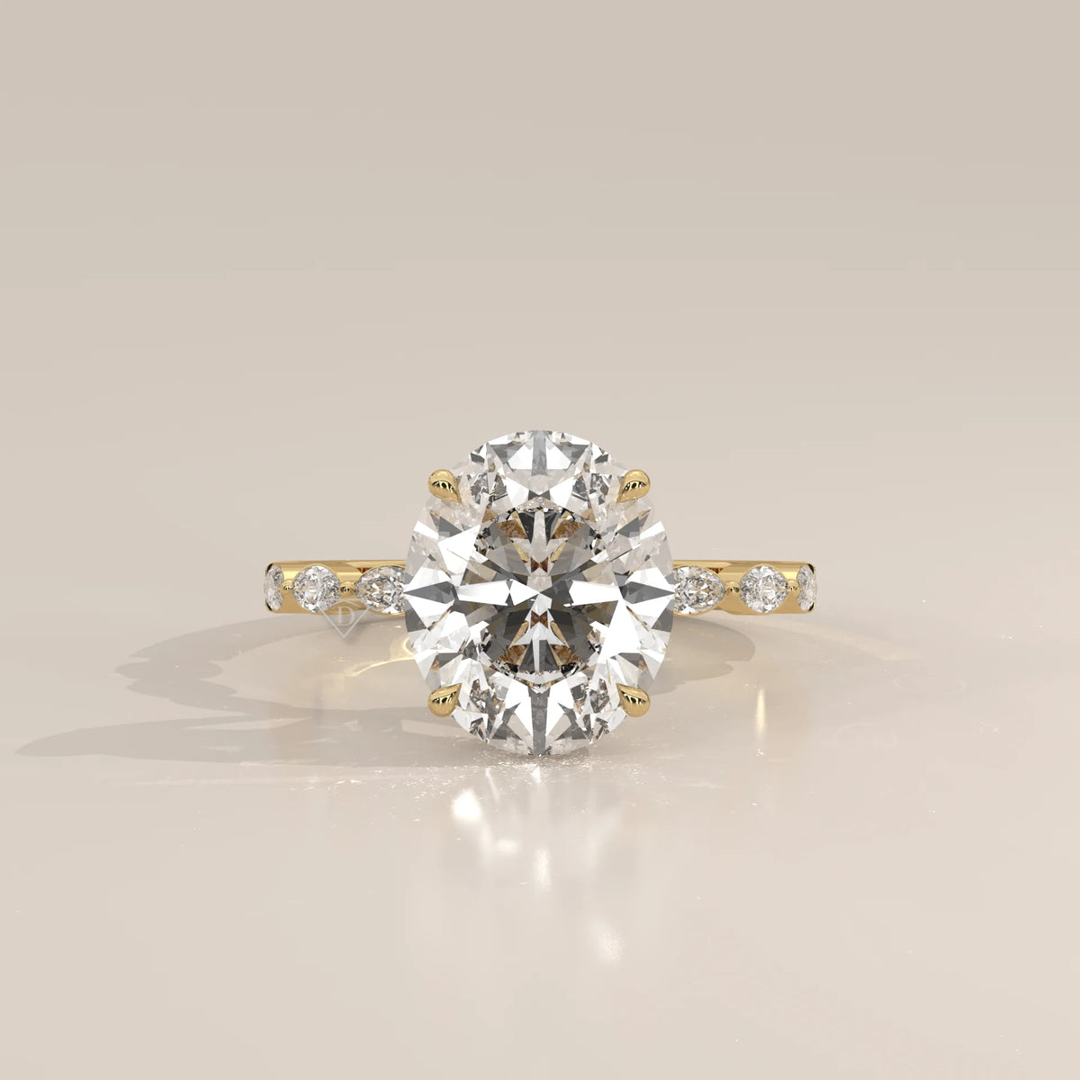 Eria 5 Carat Oval Lab Grown Diamond Ring, Bezel Marquise Band in yellow gold, photographed head-on.