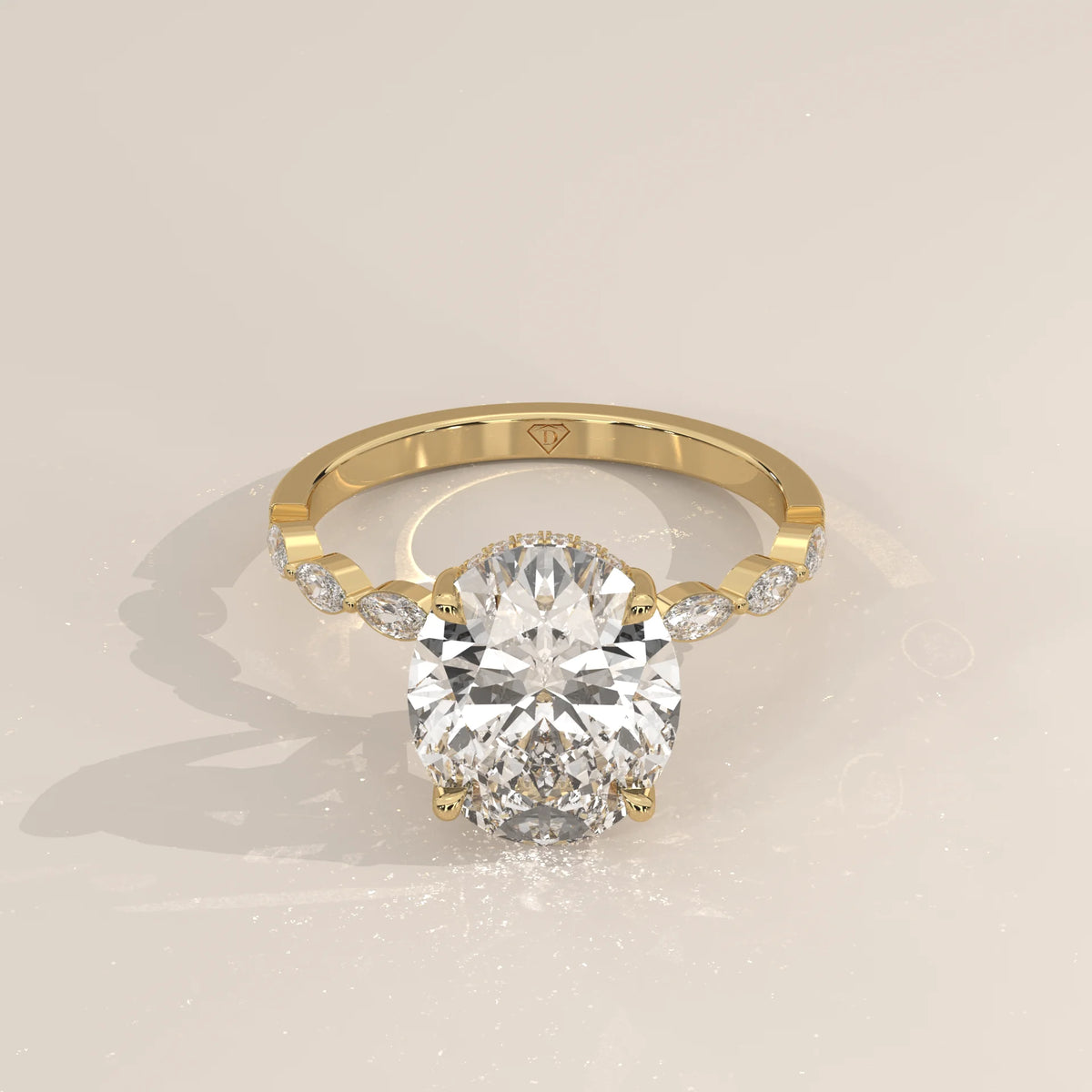 Eria 5 Carat Oval Lab Grown Diamond Ring, Bezel Marquise Band in yellow gold, shown from the front.