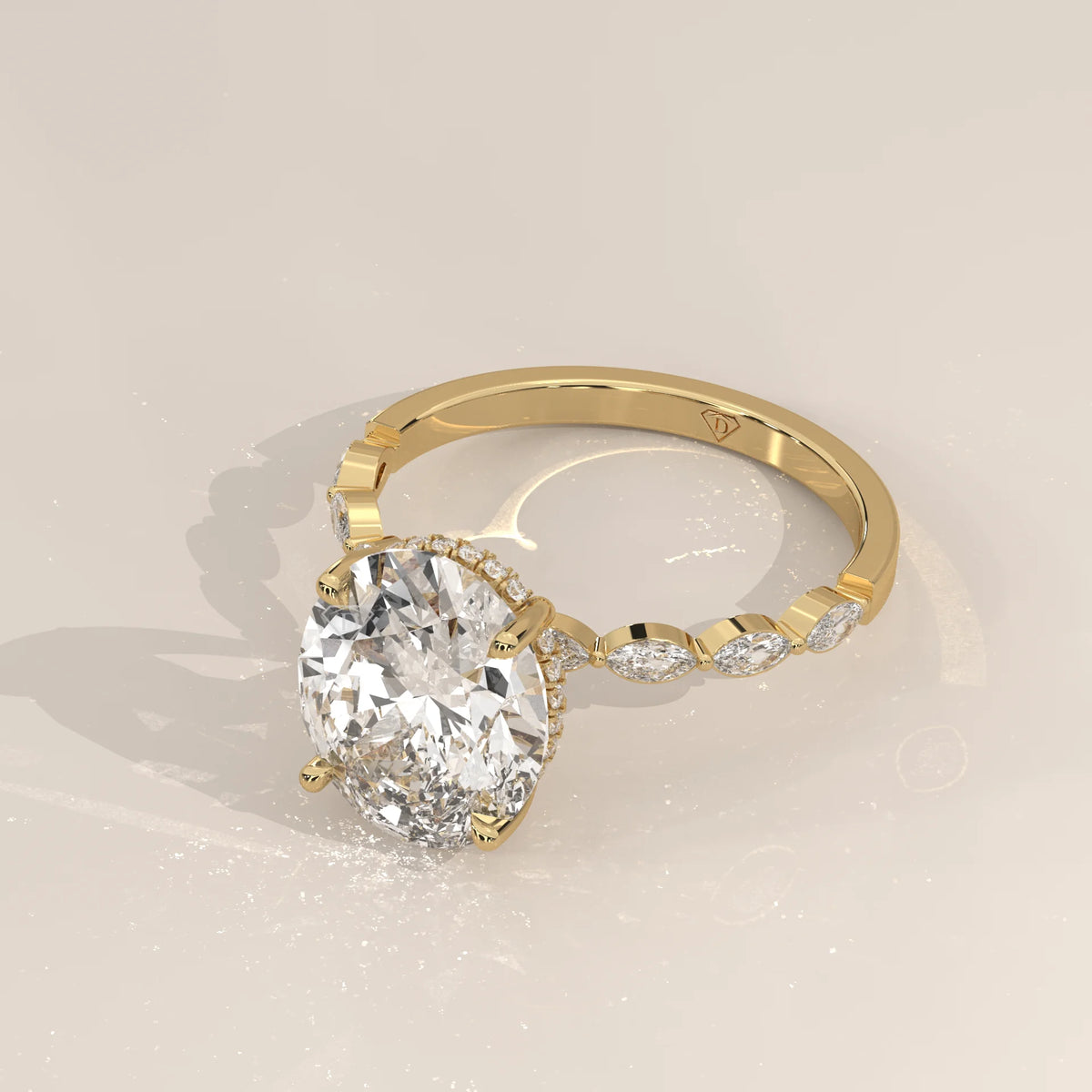 Eria 5 Carat Oval Lab Grown Diamond Ring, Bezel Marquise Band in yellow gold, shown from the side.