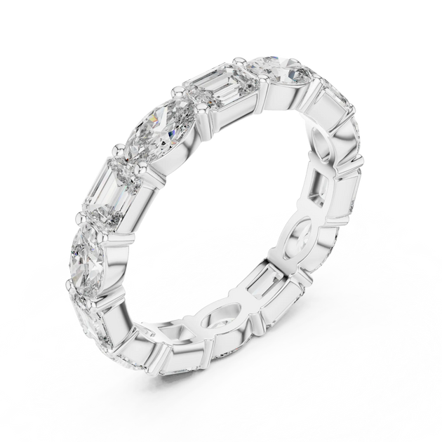 Three-quarter View: Baguette Diamond Eternity Band with Channel Setting in 14k White Gold – Lab Grown – Driona Jewels
