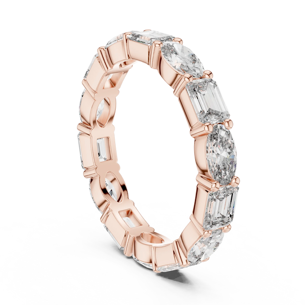 Three-quarter View: Emerald Cut Diamond Eternity Band with Pave Setting in 14k Rose Gold – Lab Grown – Driona Jewels
